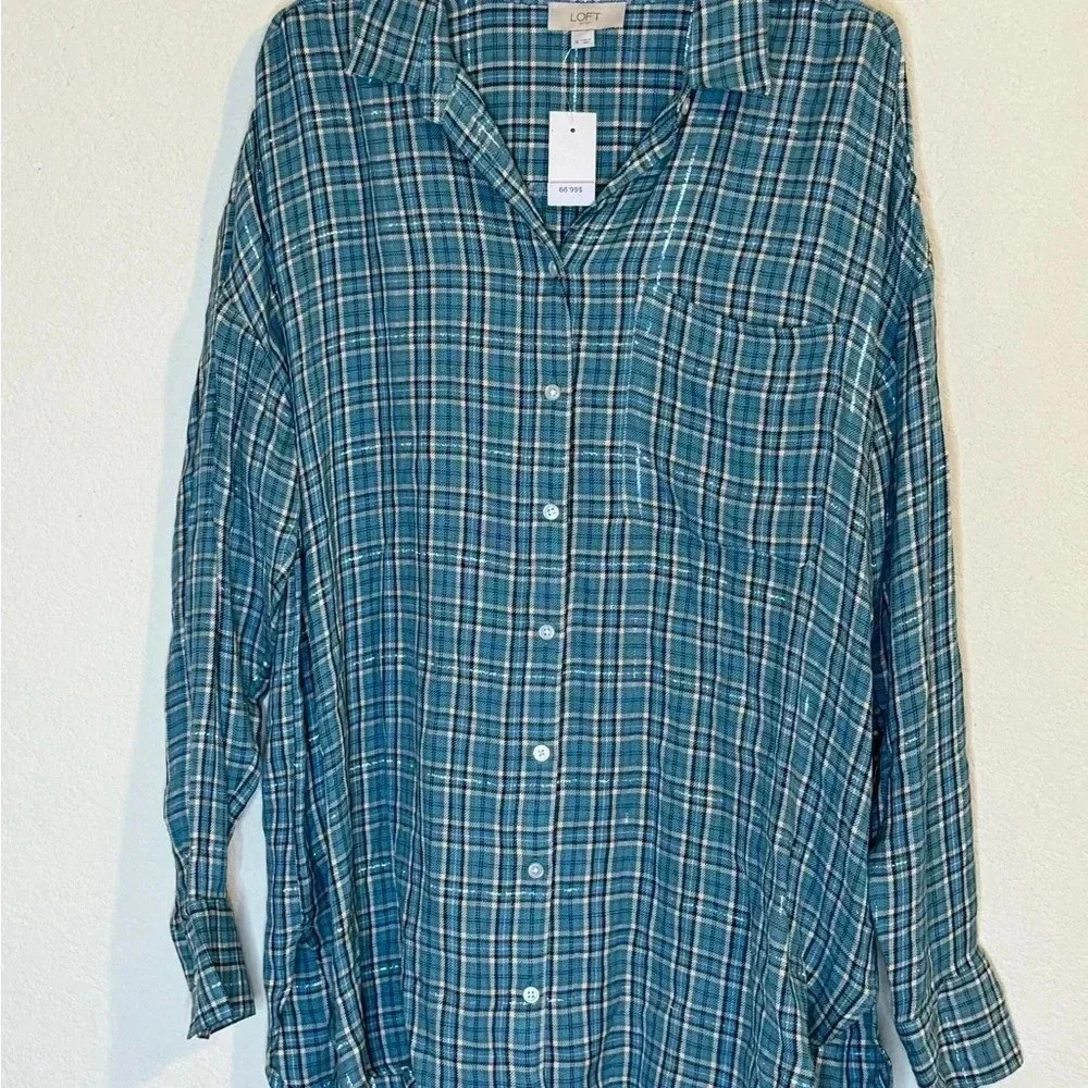 Loft  Plaid Metallic Thread Top NWT - Picture 4 of 8